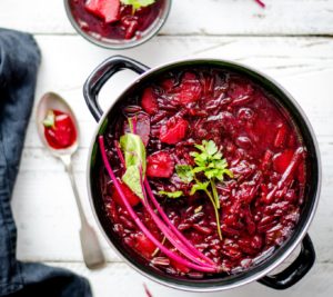 Fall Menu: Warm stew comprised of red autumn beets in a crock pot